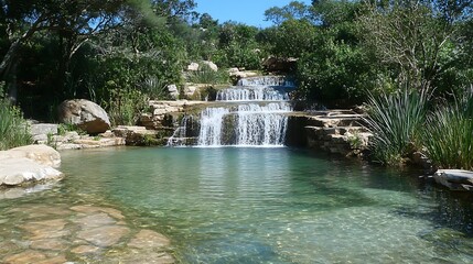 Naklejka premium Serene Waterfall in a Lush Green Forest.