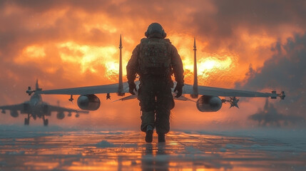 A pilot walks towards his fighter jet at sunset.