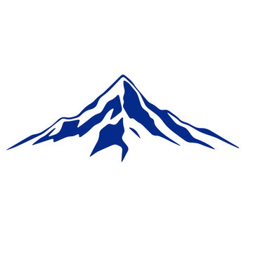 A blue silhouette of a snow-capped mountain peak against a white background