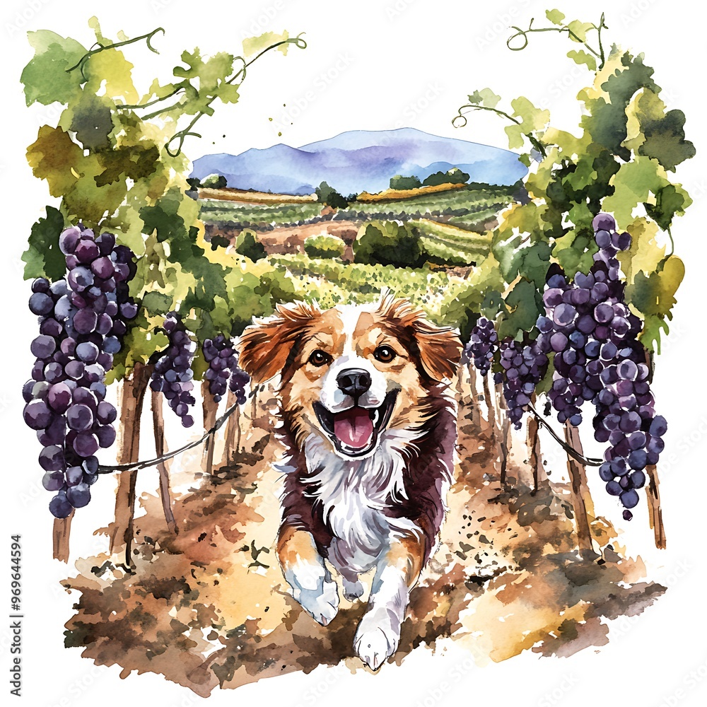 Canvas Prints Happy Dog Running Through a Vineyard with Grapes.