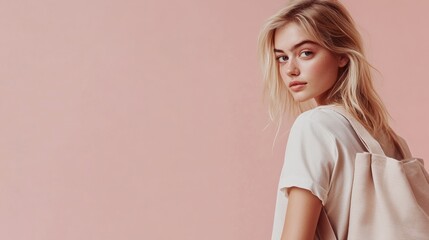 Young Woman with Tote Bag Against a Pink Background.