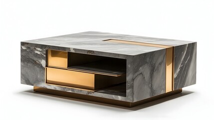 Elegant modern coffee table with a striking marble top and gold metal accents showcased on a clean white background for a premium high end aesthetic