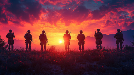Fototapeta premium Silhouettes of soldiers stand in a line, facing a stunning sunset.