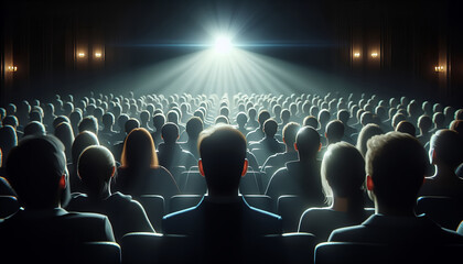 A large audience in a dark theater, facing a bright screen, capturing the shared moviegoing experience.
