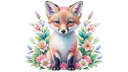 Obraz premium Enchanting Fox Illustration with Vibrant Spring Flowers in a Whimsical Botanical Setting