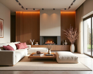 modern spacious living room with fireplace design interior