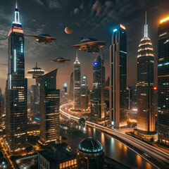 Nighttime Futuristic Metropolis with Neon Lights and High-Tech Architecture