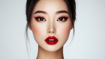 Fototapeta premium Beautiful Asian Woman with Red Lips and Eyeliner.