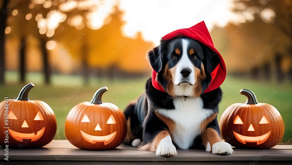 Wall mural halloween costume dog pets web banner cute bernese mountain dog dressed little red riding hood sitti