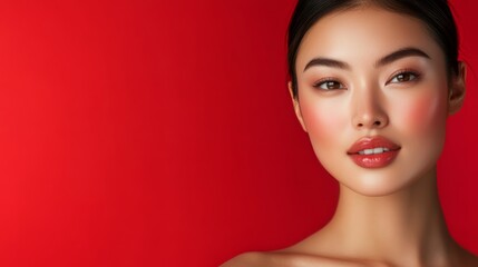 Beautiful Woman with Red Lips on Red Background.