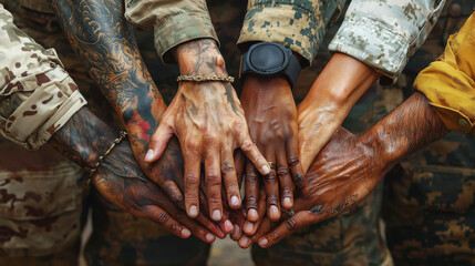 Hands of diverse soldiers in a gesture of unity.