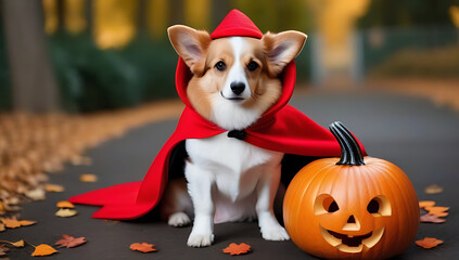 halloween costume dog pets web banner cute poodle dog dressed little red riding hood sitting near pumpkins fanny halloween welsh corgi pembroke dog costume