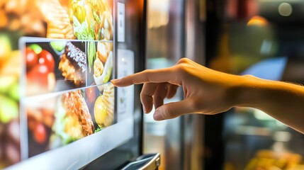 A customer's hand touches a touch screen to order food and pay electronically