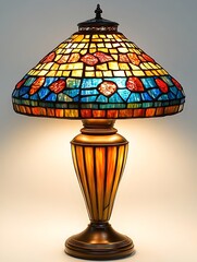 Exquisite Tiffany style stained glass lamp featuring a vibrant mosaic pattern in warm hues of amber gold and crimson creating a captivating and cozy ambiance