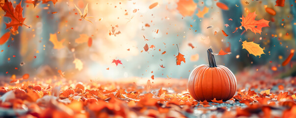 View of orange pumpkin in the park with autumn leaves around. Halloween concept.