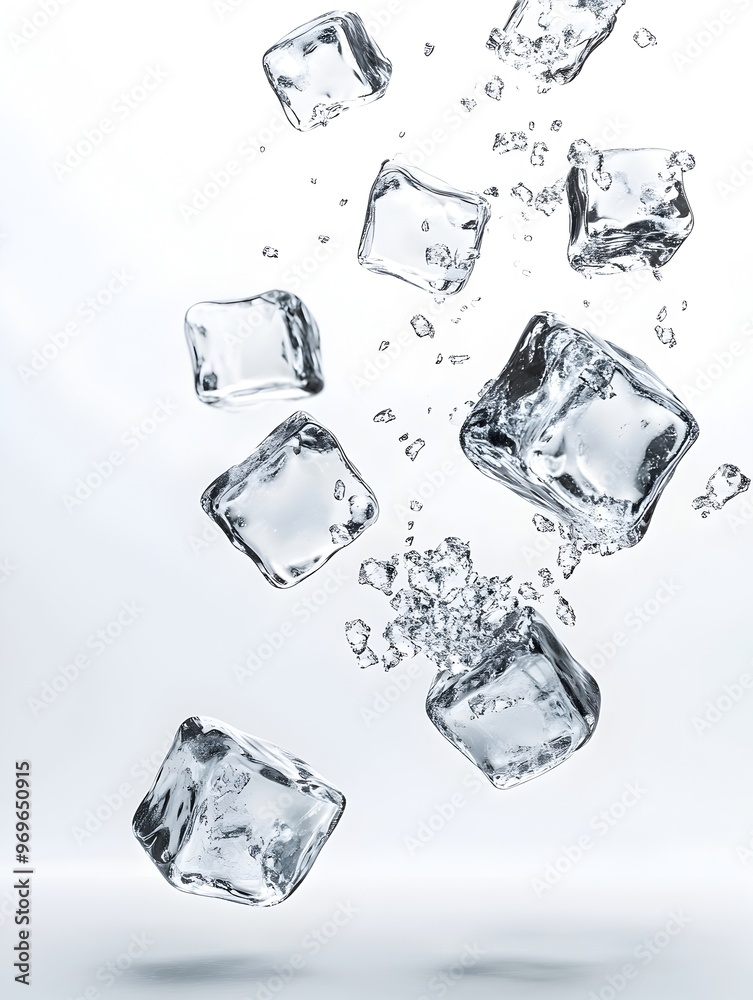 Poster floating and colliding ice cubes creating a splash of water droplets in a transparent chilled liquid