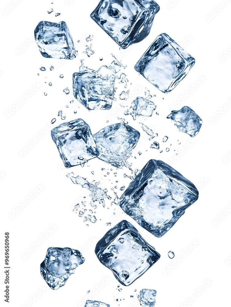 Poster floating ice cubes forming splashing droplets of water on a reflective surface transparent and clear