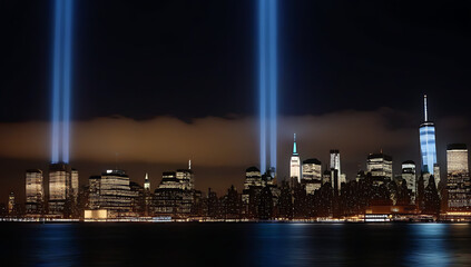 Fototapeta premium manhattan night view shows beams light shining memory attacks