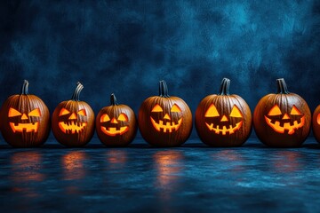 Row of glowing jack-o'-lanterns against dark background