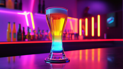 A futuristic beer glass that changes color as you watch, filled with glowing liquid, set on a neon-lit counter, Sci-fi, 3D render, Bright neon