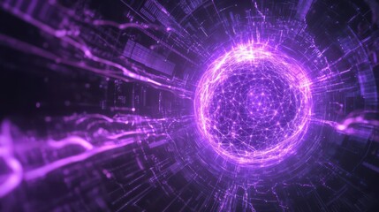 Fototapeta premium Abstract quantum core radiating purple light, with cascading data streams and intricate algorithmic designs orbiting around it, in a digital atmosphere