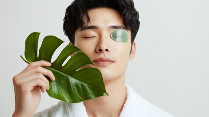 Man Applying Eye Patches and Holding a Green Leaf.