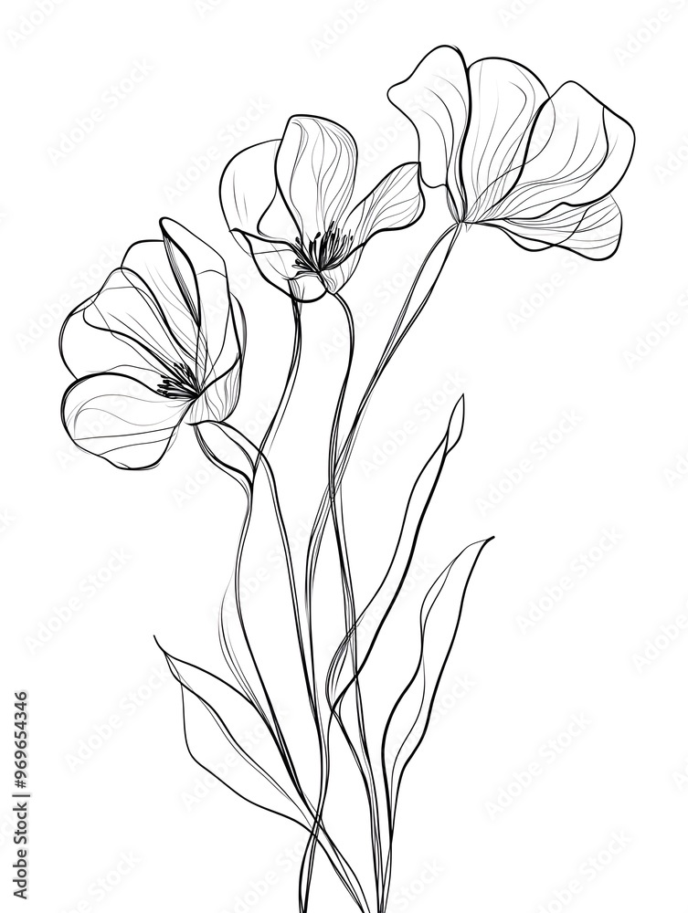 Wall mural Continuous Line Drawing Set Of Plants Black Sketch of Flowers Isolated on White Background. Flowers One Line Illustration