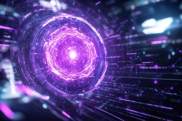 Obraz premium Glowing quantum core radiating purple energy, intertwined with flowing data streams and dynamic algorithmic designs, placed in a cyberpunkinspired setting
