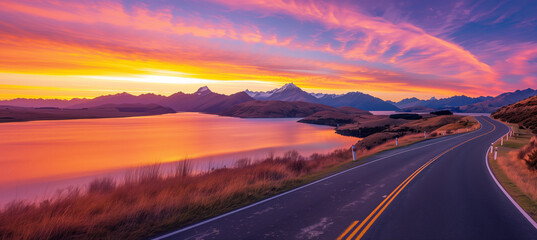 A beautiful winding road alongside a serene lake at sunset, with glowing skies and mountain views, symbolizing adventure, serenity, and the beauty of open roads