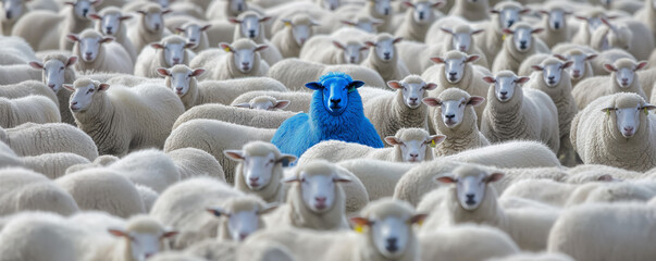 Obraz premium Blue sheep standing out in a sea of white sheep, symbolizing uniqueness, diversity, and nonconformity in a crowd