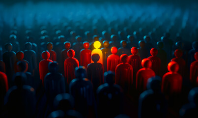 Obraz premium A single yellow figure glows brightly amidst a crowd of red and blue figures, emphasizing individuality, leadership, and standing out from the masses