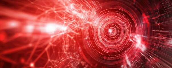 Fototapeta premium Quantum computing core bathed in bright red light, with swirling data streams and intricate algorithmic patterns interwoven around it, in a dynamic digital realm