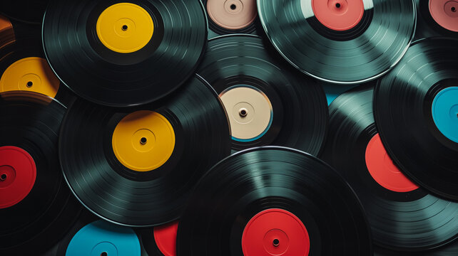 A collection of colorful vinyl records overlapping each other, symbolizing retro music culture, nostalgia, and the timeless appeal of analog sound in a digital era