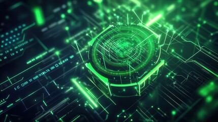 Obraz premium Quantum computing core enveloped in neon green light, with flowing data streams and geometric algorithmic symbols radiating from it, in a vibrant digital realm