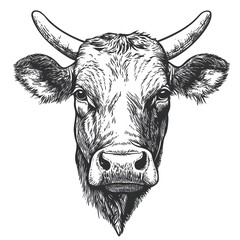 Cow head hand drawn sketch logo, black and white engraving illustration style, vector 
