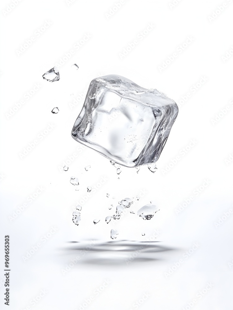 Poster high contrast close up shot of a single transparent frozen ice cube with water droplets suspended in