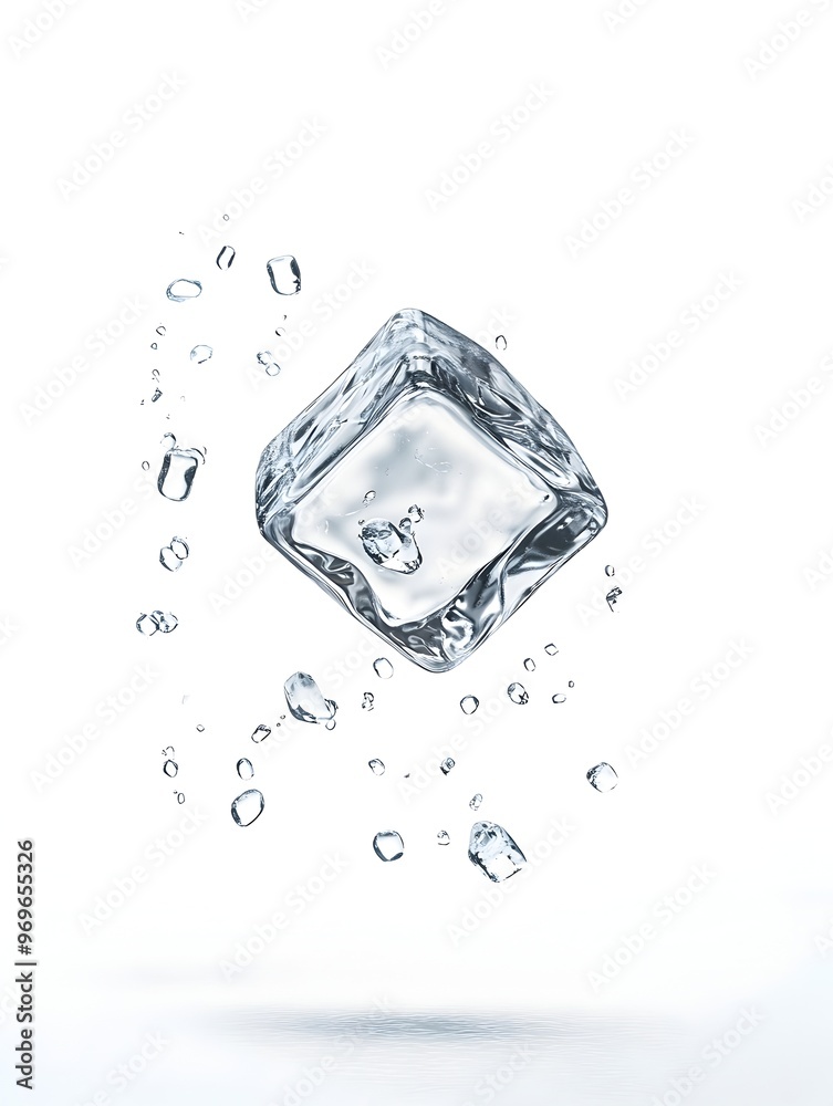 Poster highly close up view of an ice cube with a crystal like textured surface floating on a smooth reflec