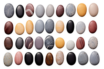 Arranged hot stones for massage on a white background clearly show the color and texture of the stone