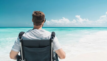 Fototapeta premium How does the man s sunglasses and casual beach attire reflect a carefree, adventurous spirit, symbolizing that disabilities do not limit ones love for travel