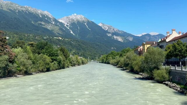 landscape with river Inn and mountains, Innsbruck, Austria