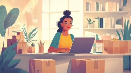 Woman Working on Laptop in Home Office with Packages.