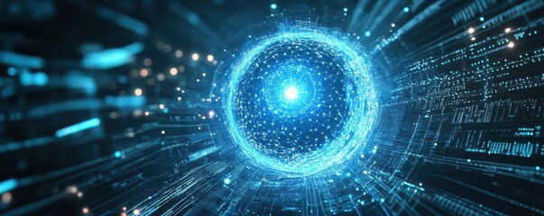 Obraz premium Quantum computing core glowing with intense blue energy, surrounded by intricate data streams and abstract algorithmic patterns, set in a futuristic digital environment