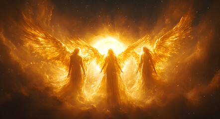 “Three Angels with Large Wings Stand in Front of the Sun”
