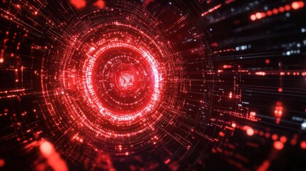 Fototapeta premium Quantum computing core pulsating with crimson energy, encircled by dynamic data streams and intricate algorithmic patterns, in a highenergy digital space