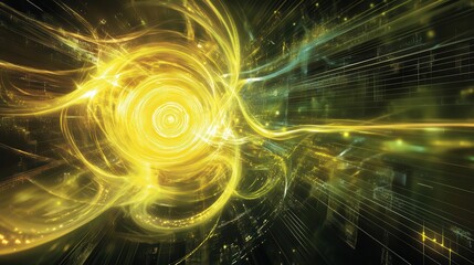 Obraz premium Quantum core emitting bright yellow energy, with swirling data streams and intricate algorithmic designs converging around it, set against a digital grid