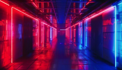 A long hallway lit by red and blue neon lights, creating a futuristic and vibrant atmosphere.
