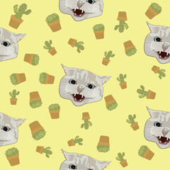The pattern (infinite picture) of the cat meme is a white cat that is very angry. The illustration is made in pastel colors. The picture conveys a joke, humor, meme.