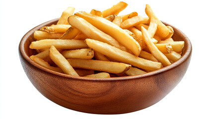 A wooden bowl of French fries isolated on a white background