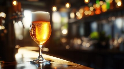A glass of beer on the bar counter is in the foreground, with a bar blurred background.