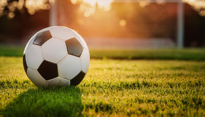 Fototapeta premium Football ball on grass, green field with sunlight. Professional competition and active sport.